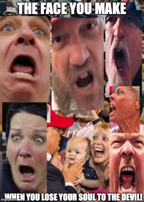 THE FACE YOU MAKE; WHEN YOU LOSE YOUR SOUL TO THE DEVIL! | image tagged in trump supporters,trump fan | made w/ Imgflip meme maker