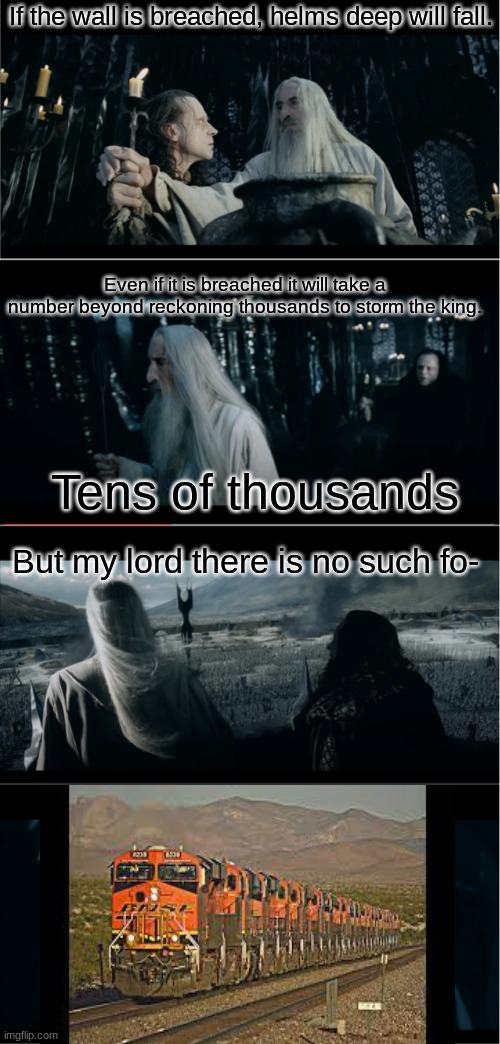 But My Lord there is no such force | If the wall is breached, helms deep will fall. Even if it is breached it will take a number beyond reckoning thousands to storm the king. Tens of thousands; But my lord there is no such fo- | image tagged in but my lord there is no such force | made w/ Imgflip meme maker