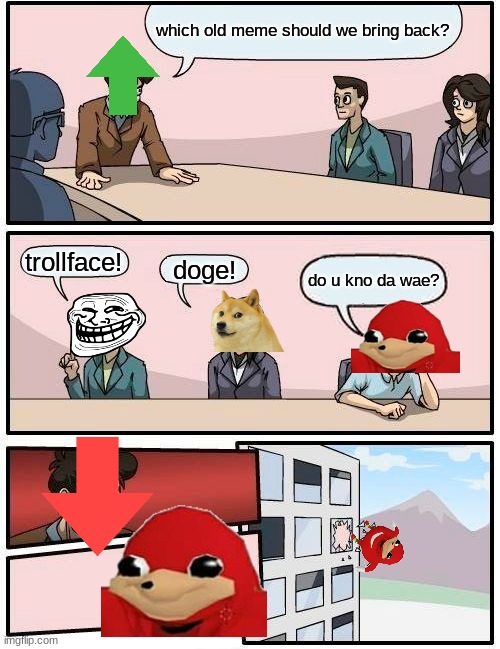 THIS TOOK SO LONG | which old meme should we bring back? trollface! doge! do u kno da wae? | image tagged in memes,boardroom meeting suggestion | made w/ Imgflip meme maker