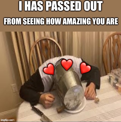 Zzzzzzzz | I HAS PASSED OUT; FROM SEEING HOW AMAZING YOU ARE; ❤️; ❤️; ❤️ | image tagged in sleeping crusader | made w/ Imgflip meme maker