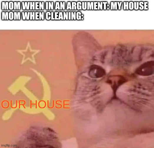 Communist cat | MOM WHEN IN AN ARGUMENT: MY HOUSE
MOM WHEN CLEANING:; OUR HOUSE | image tagged in communist cat | made w/ Imgflip meme maker