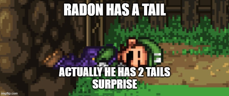 his sister has a tail too | RADON HAS A TAIL; ACTUALLY HE HAS 2 TAILS
SURPRISE | image tagged in ssf2 dead luigi | made w/ Imgflip meme maker