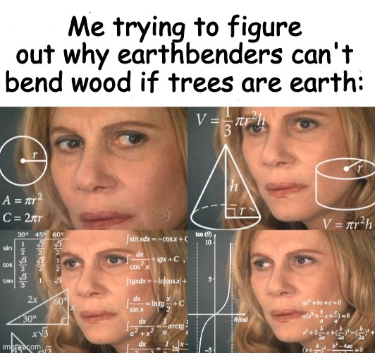 Sandbenders, Metalbenders. Why isn't there woodbenders??? | Me trying to figure out why earthbenders can't bend wood if trees are earth: | image tagged in calculating meme | made w/ Imgflip meme maker