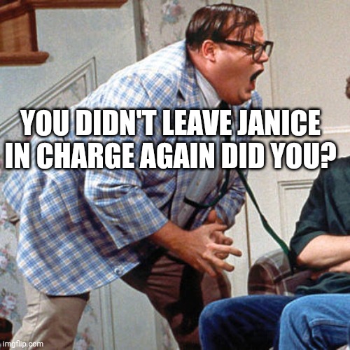 Chris Farley For the love of god | YOU DIDN'T LEAVE JANICE IN CHARGE AGAIN DID YOU? | image tagged in chris farley for the love of god,meanwhile in idaho | made w/ Imgflip meme maker