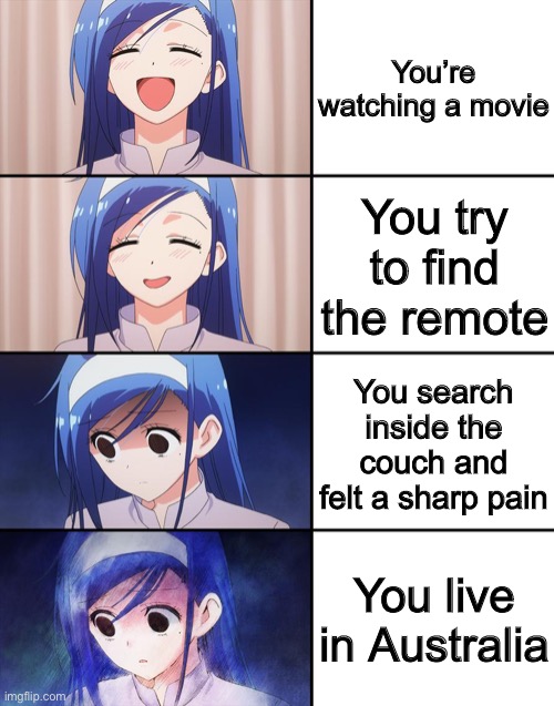 Happiness to despair | You’re watching a movie; You try to find the remote; You search inside the couch and felt a sharp pain; You live in Australia | image tagged in happiness to despair | made w/ Imgflip meme maker