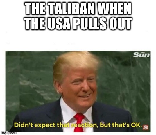 Trump didn't expect that reaction | THE TALIBAN WHEN THE USA PULLS OUT | image tagged in trump didn't expect that reaction | made w/ Imgflip meme maker