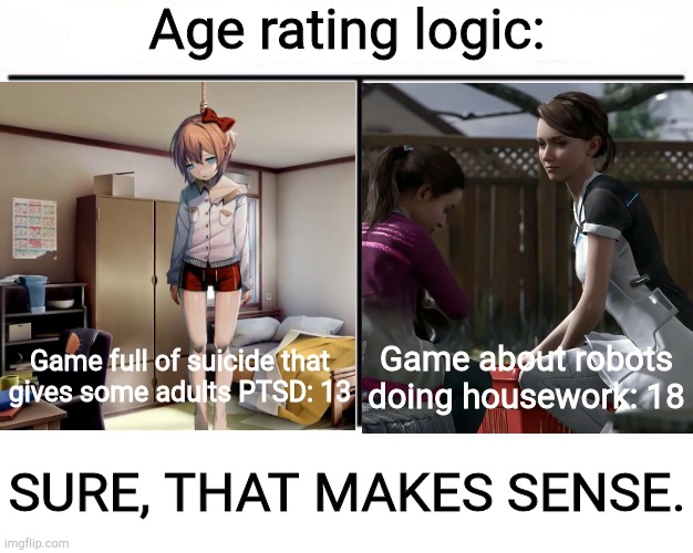 So I gotta be 18 to take out the trash? Sure, why not |  Age rating logic:; Game about robots doing housework: 18; Game full of suicide that gives some adults PTSD: 13; SURE, THAT MAKES SENSE. | image tagged in makes sense,doki doki literature club,detroit become human | made w/ Imgflip meme maker