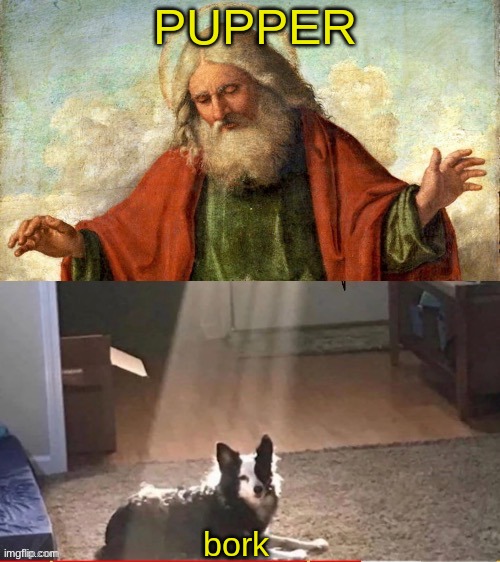 Dog god | PUPPER; bork | image tagged in dog god | made w/ Imgflip meme maker