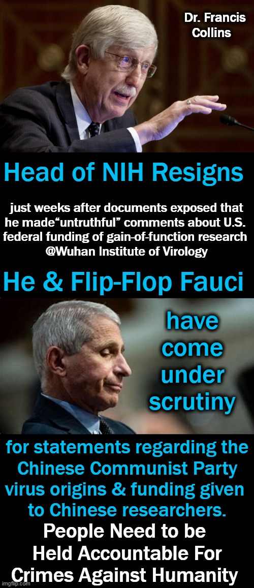 NIH Director Resigns After Gain-of-Function Falsehood Exposed | Dr. Francis Collins; Head of NIH Resigns; just weeks after documents exposed that

he made“untruthful” comments about U.S. federal funding of gain-of-function research 

@Wuhan Institute of Virology; He & Flip-Flop Fauci; have 
come 
under 
scrutiny; for statements regarding the
Chinese Communist Party
virus origins & funding given 
to Chinese researchers. People Need to be 
Held Accountable For
Crimes Against Humanity | image tagged in politics,covid-19,chinese communist party,nih,dr fauci,liars | made w/ Imgflip meme maker