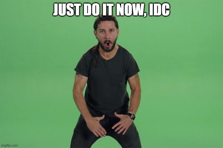 Shia labeouf JUST DO IT | JUST DO IT NOW, IDC | image tagged in shia labeouf just do it | made w/ Imgflip meme maker