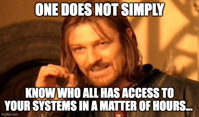 access control reviews | ONE DOES NOT SIMPLY; KNOW WHO ALL HAS ACCESS TO YOUR SYSTEMS IN A MATTER OF HOURS... | image tagged in memes,one does not simply | made w/ Imgflip meme maker