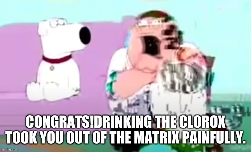 CONGRATS!DRINKING THE CLOROX TOOK YOU OUT OF THE MATRIX PAINFULLY. | made w/ Imgflip meme maker