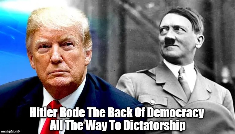 "Hitler Rode The Back Of Democracy All The Way To Dictatorship" | Hitler Rode The Back Of Democracy 
All The Way To Dictatorship | image tagged in hitler,trump,democracy and dictatorship,we easily overlook the obvious | made w/ Imgflip meme maker