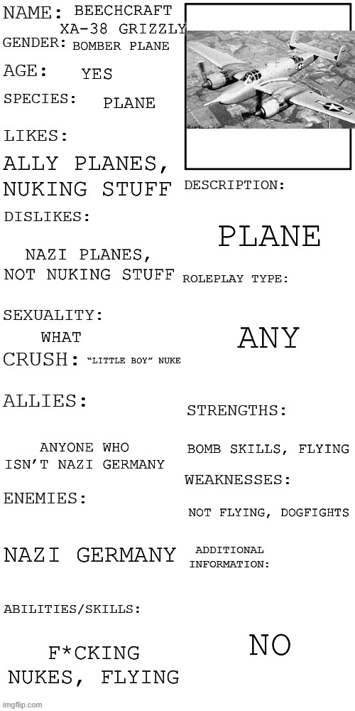 trend | BEECHCRAFT XA-38 GRIZZLY; BOMBER PLANE; YES; PLANE; ALLY PLANES, NUKING STUFF; PLANE; NAZI PLANES, NOT NUKING STUFF; ANY; WHAT; “LITTLE BOY” NUKE; BOMB SKILLS, FLYING; ANYONE WHO ISN’T NAZI GERMANY; NOT FLYING, DOGFIGHTS; NAZI GERMANY; NO; F*CKING NUKES, FLYING | image tagged in updated roleplay oc showcase | made w/ Imgflip meme maker