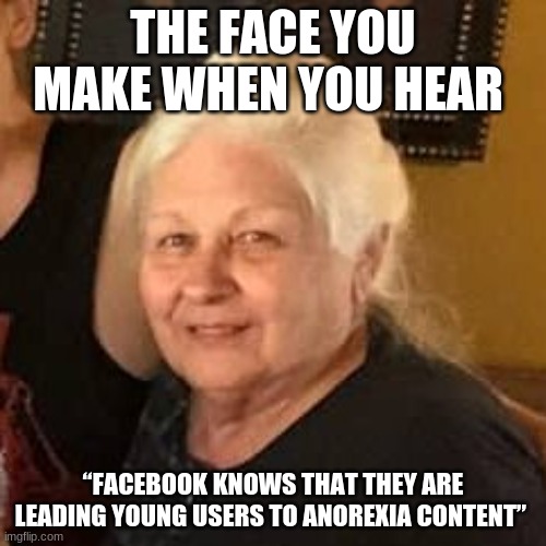 orricks are dirt | THE FACE YOU MAKE WHEN YOU HEAR; “FACEBOOK KNOWS THAT THEY ARE LEADING YOUNG USERS TO ANOREXIA CONTENT” | image tagged in annoying facebook girl | made w/ Imgflip meme maker