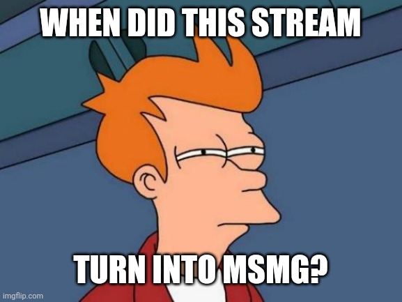 What happened last night? | WHEN DID THIS STREAM; TURN INTO MSMG? | image tagged in memes,futurama fry | made w/ Imgflip meme maker