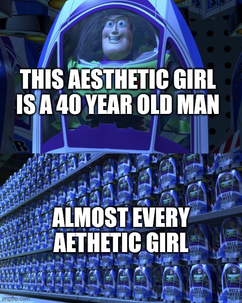 Buzz lightyear | THIS AESTHETIC GIRL IS A 40 YEAR OLD MAN ALMOST EVERY AETHETIC GIRL | image tagged in buzz lightyear | made w/ Imgflip meme maker