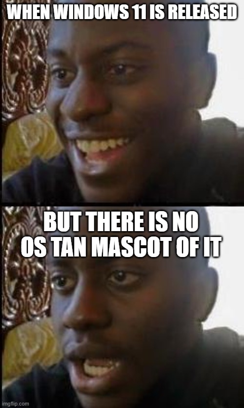 Sad..... | WHEN WINDOWS 11 IS RELEASED; BUT THERE IS NO OS TAN MASCOT OF IT | image tagged in disappointed black guy | made w/ Imgflip meme maker