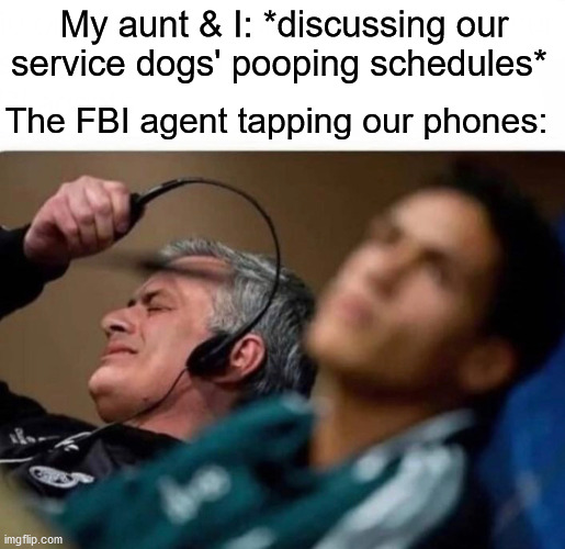 Headphones off | My aunt & I: *discussing our service dogs' pooping schedules*; The FBI agent tapping our phones: | image tagged in headphones off,fbi,service dog | made w/ Imgflip meme maker