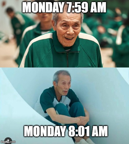 Every Week | MONDAY 7:59 AM; MONDAY 8:01 AM | image tagged in shocked | made w/ Imgflip meme maker