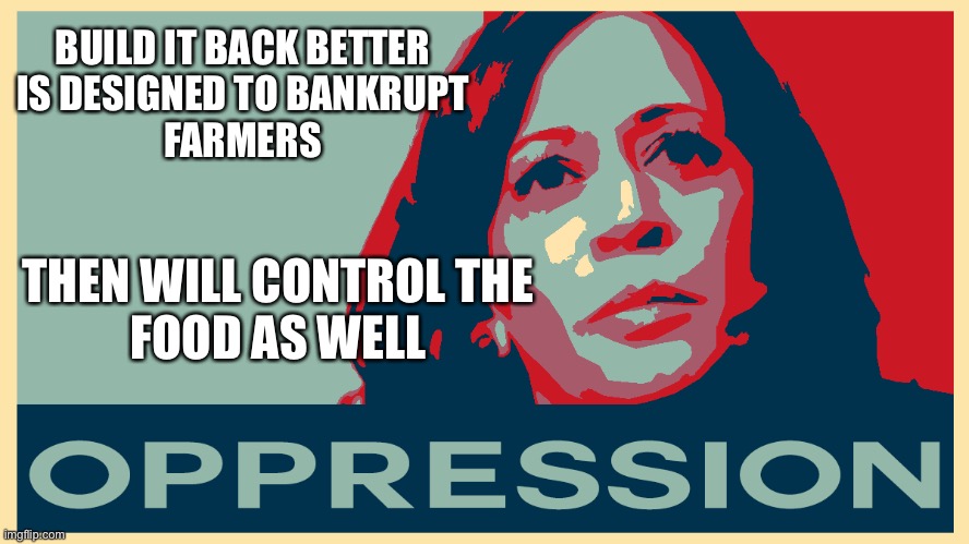 DNC control | BUILD IT BACK BETTER
 IS DESIGNED TO BANKRUPT 
FARMERS; THEN WILL CONTROL THE
FOOD AS WELL | image tagged in opression kamala | made w/ Imgflip meme maker