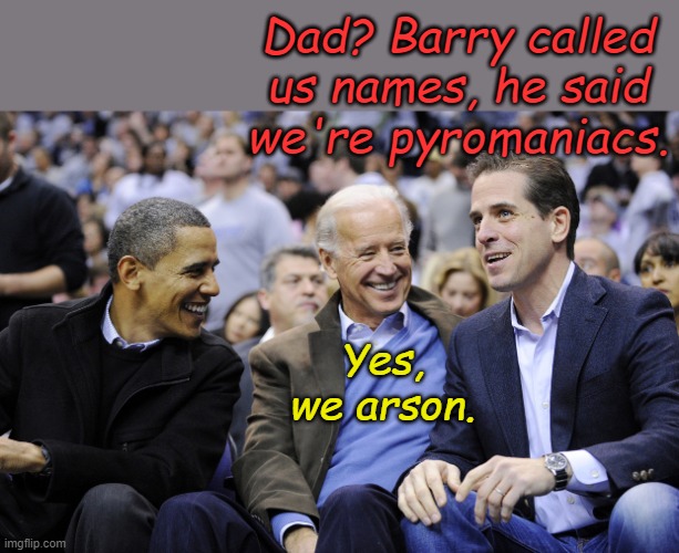Burnin' down the House.... and the Senate, and the Supreme Court and the Rule of Law and the military and..... | Dad? Barry called us names, he said we're pyromaniacs. Yes, we arson. | image tagged in hunter obama and joe biden | made w/ Imgflip meme maker
