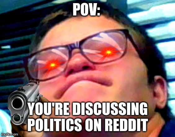 P.O.V | POV:; YOU'RE DISCUSSING POLITICS ON REDDIT | image tagged in shitpost status kid,pov,reddit,politics | made w/ Imgflip meme maker