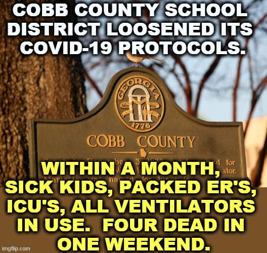 Anti-vaxxers on the school board. | COBB COUNTY SCHOOL 
DISTRICT LOOSENED ITS 
COVID-19 PROTOCOLS. WITHIN A MONTH, 
SICK KIDS, PACKED ER'S, 
ICU'S, ALL VENTILATORS 
IN USE.  FOUR DEAD IN 
ONE WEEKEND. | image tagged in anti vax,murder,children | made w/ Imgflip meme maker