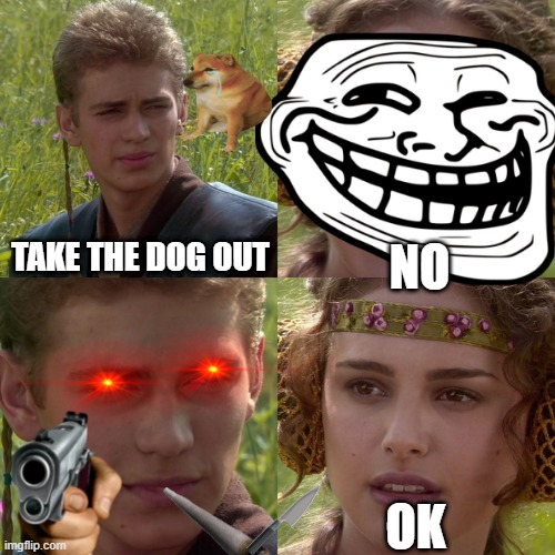 Anakin Padme 4 Panel | TAKE THE DOG OUT; NO; OK | image tagged in anakin padme 4 panel | made w/ Imgflip meme maker