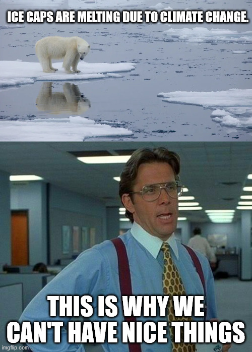 save the polar bears | ICE CAPS ARE MELTING DUE TO CLIMATE CHANGE. THIS IS WHY WE CAN'T HAVE NICE THINGS | image tagged in memes,that would be great | made w/ Imgflip meme maker