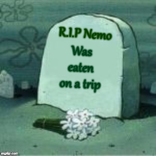 Here Lies X | Was eaten on a trip R.I.P Nemo | image tagged in here lies x | made w/ Imgflip meme maker