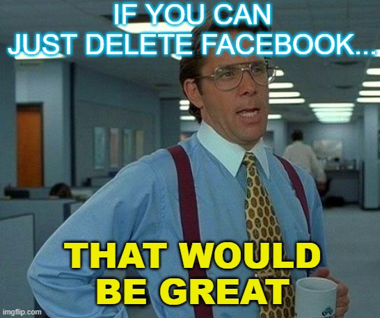 If you can Just #DeleteFacebook...That would be great | IF YOU CAN
JUST DELETE FACEBOOK... THAT WOULD
BE GREAT | image tagged in memes,that would be great | made w/ Imgflip meme maker