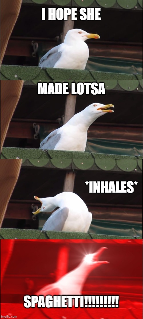 Inhaling Seagull Meme | I HOPE SHE; MADE LOTSA; *INHALES*; SPAGHETTI!!!!!!!!! | image tagged in memes,inhaling seagull | made w/ Imgflip meme maker