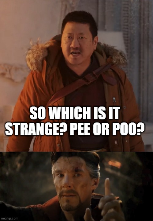 #1 | SO WHICH IS IT STRANGE? PEE OR POO? | image tagged in doctor strange and wong,doctor strange one | made w/ Imgflip meme maker
