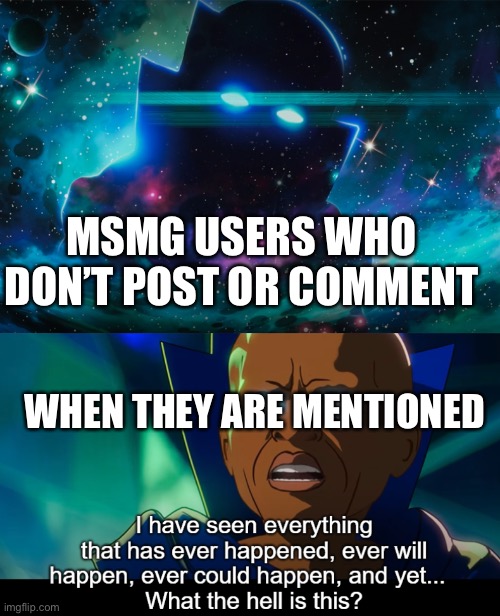 MSMG USERS WHO DON’T POST OR COMMENT; WHEN THEY ARE MENTIONED | image tagged in what the hell is this | made w/ Imgflip meme maker
