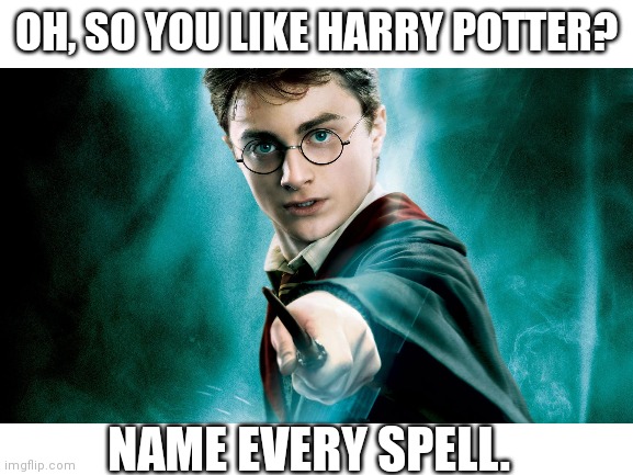 Someone HAS to find this funny. | OH, SO YOU LIKE HARRY POTTER? NAME EVERY SPELL. | image tagged in white background | made w/ Imgflip meme maker