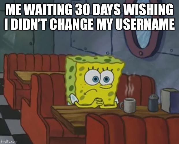 I don’t know how much longer I have to wait, ten days I think | ME WAITING 30 DAYS WISHING I DIDN’T CHANGE MY USERNAME | image tagged in spongebob waiting,pain | made w/ Imgflip meme maker