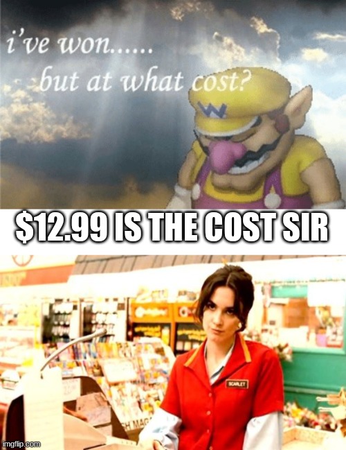 $12.99 IS THE COST SIR | image tagged in wario sad,cashier meme | made w/ Imgflip meme maker
