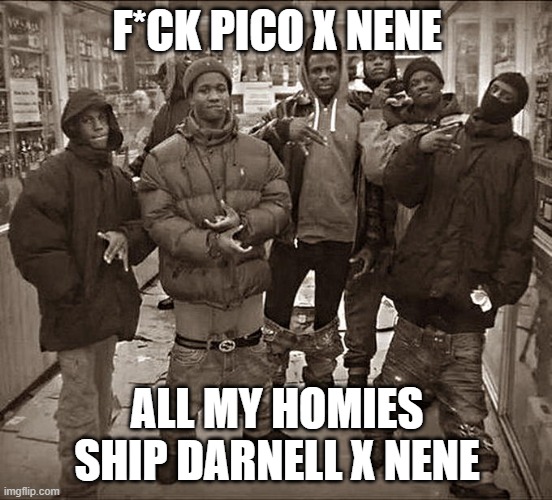 This is a joke lmfao | F*CK PICO X NENE; ALL MY HOMIES SHIP DARNELL X NENE | image tagged in all my homies hate,pico x nene,pico,pico's school,fnf | made w/ Imgflip meme maker