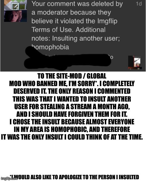 I feel like I went over the top with this | TO THE SITE-MOD / GLOBAL MOD WHO BANNED ME, I’M SORRY*. I COMPLETELY DESERVED IT. THE ONLY REASON I COMMENTED THIS WAS THAT I WANTED TO INSULT ANOTHER USER FOR STEALING A STREAM A MONTH AGO, AND I SHOULD HAVE FORGIVEN THEM FOR IT. I CHOSE THE INSULT BECAUSE ALMOST EVERYONE IN MY AREA IS HOMOPHOBIC, AND THEREFORE IT WAS THE ONLY INSULT I COULD THINK OF AT THE TIME. *I WOULD ALSO LIKE TO APOLOGIZE TO THE PERSON I INSULTED | image tagged in blank white template | made w/ Imgflip meme maker