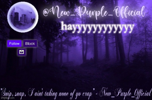 Purple's Announcement | hayyyyyyyyyyyy | image tagged in purple's announcement | made w/ Imgflip meme maker