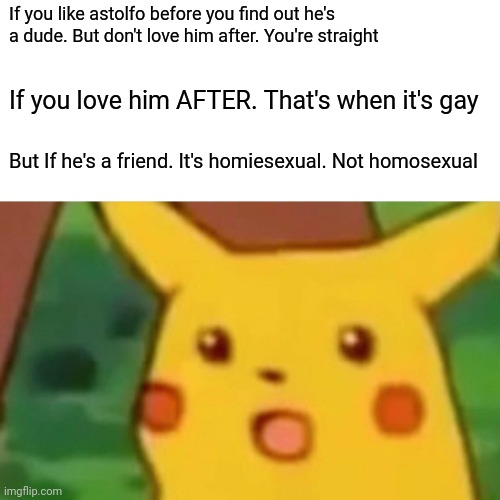 Truth. Only truth | If you like astolfo before you find out he's a dude. But don't love him after. You're straight; If you love him AFTER. That's when it's gay; But If he's a friend. It's homiesexual. Not homosexual | image tagged in memes,surprised pikachu | made w/ Imgflip meme maker