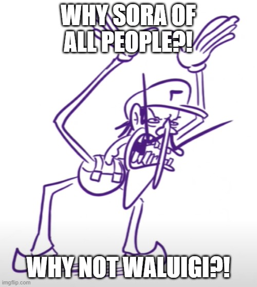 Waluigi Angry | WHY SORA OF ALL PEOPLE?! WHY NOT WALUIGI?! | image tagged in waluigi angry | made w/ Imgflip meme maker