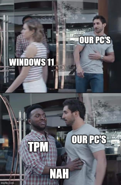 Windows 11 | OUR PC'S; WINDOWS 11; TPM; OUR PC'S; NAH | image tagged in man holding back man | made w/ Imgflip meme maker