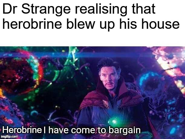 When herobrine blows up Dr Stranges house | Dr Strange realising that herobrine blew up his house; Herobrine | image tagged in i have come to bargain | made w/ Imgflip meme maker