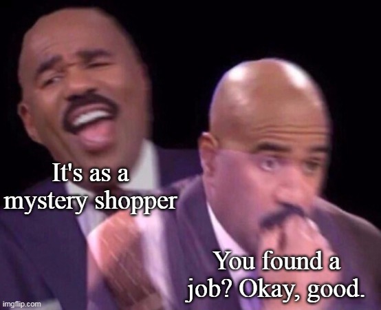 Steve Harvey Laughing Serious | It's as a mystery shopper; You found a job? Okay, good. | image tagged in steve harvey laughing serious,memes | made w/ Imgflip meme maker