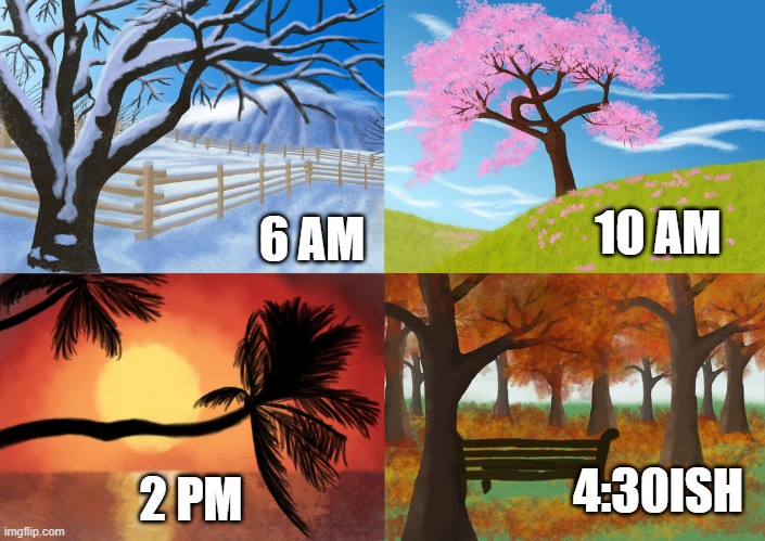 Welcome to North Carolina. Make sure to dress appropriately. |  10 AM; 6 AM; 4:30ISH; 2 PM | image tagged in winter spring summer fall,four seasons,one day,north carolina | made w/ Imgflip meme maker
