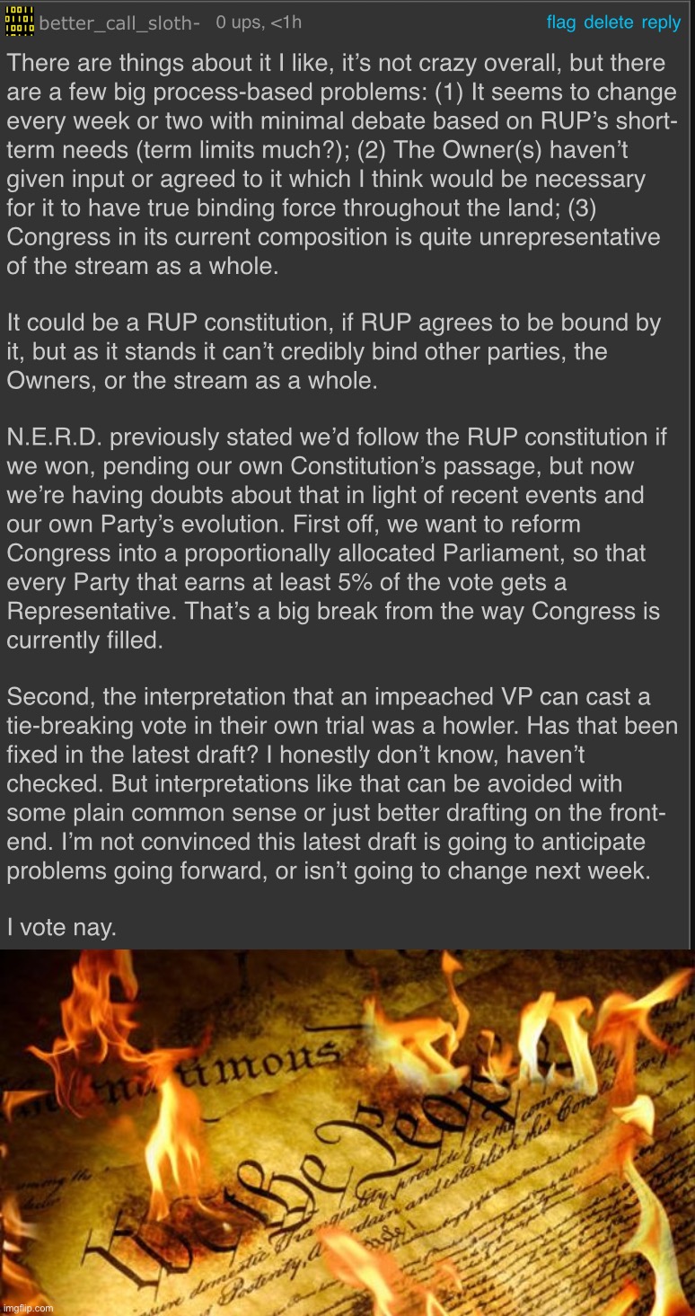 Want to throw RUP’s latest Constitution into the bonfire? Now’s your chance! | image tagged in nerd statement on constitutional law,constitution in flames,rup,constitution,the constitution,corruption | made w/ Imgflip meme maker
