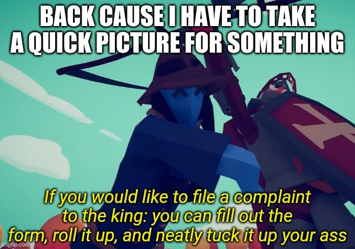 If you would like to file a complaint to the king | BACK CAUSE I HAVE TO TAKE A QUICK PICTURE FOR SOMETHING | image tagged in if you would like to file a complaint to the king | made w/ Imgflip meme maker