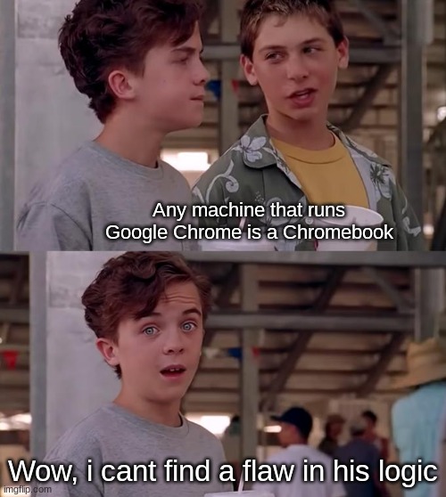 This is facts | Any machine that runs Google Chrome is a Chromebook; Wow, i cant find a flaw in his logic | image tagged in wow i can't find a flaw in his logic | made w/ Imgflip meme maker